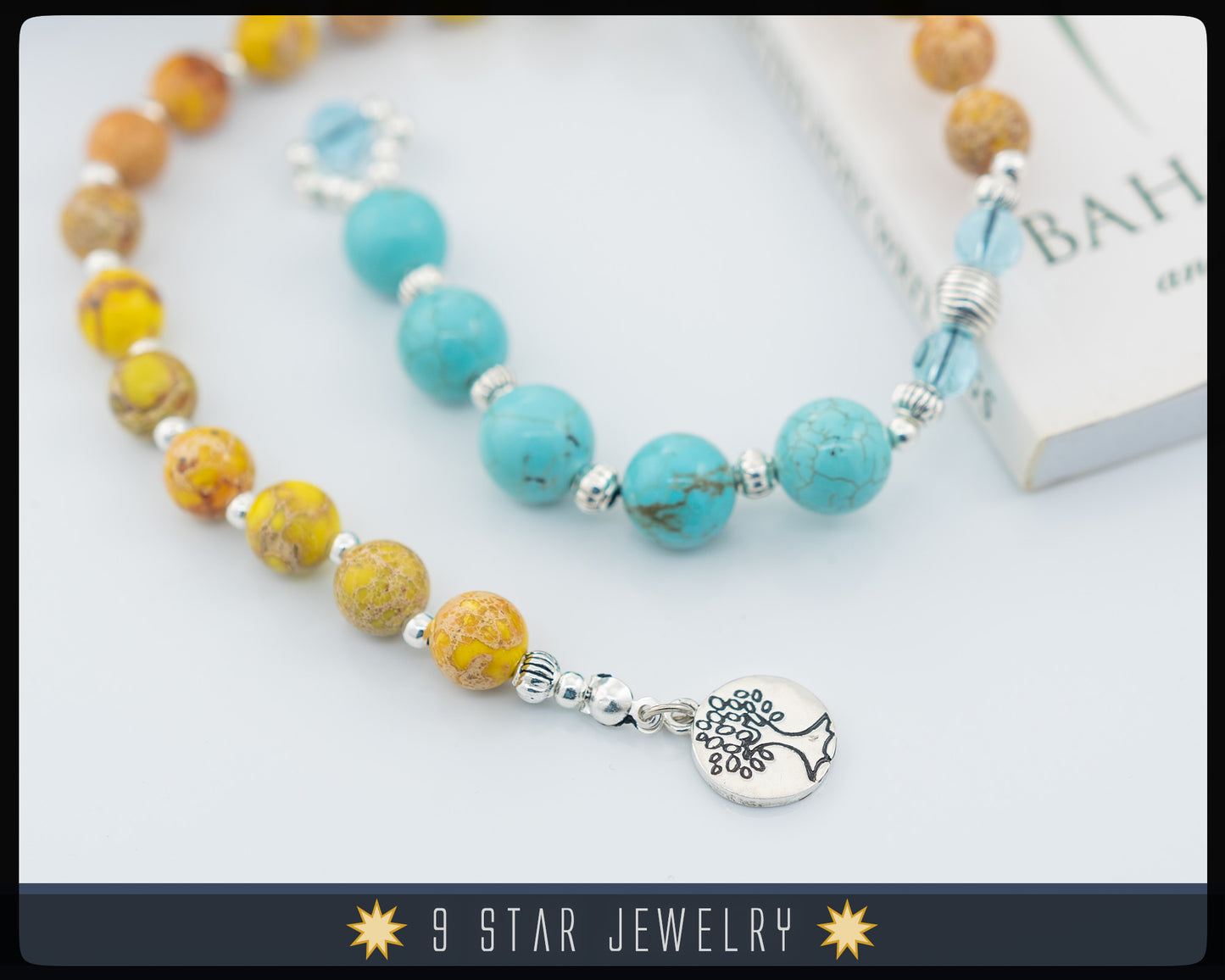 Blue Turquoise and Yellow Sea sediment Baha'i Prayer Beads with Tree of life 925 sterling silver Baha'i ringstone symbol "Mercy"