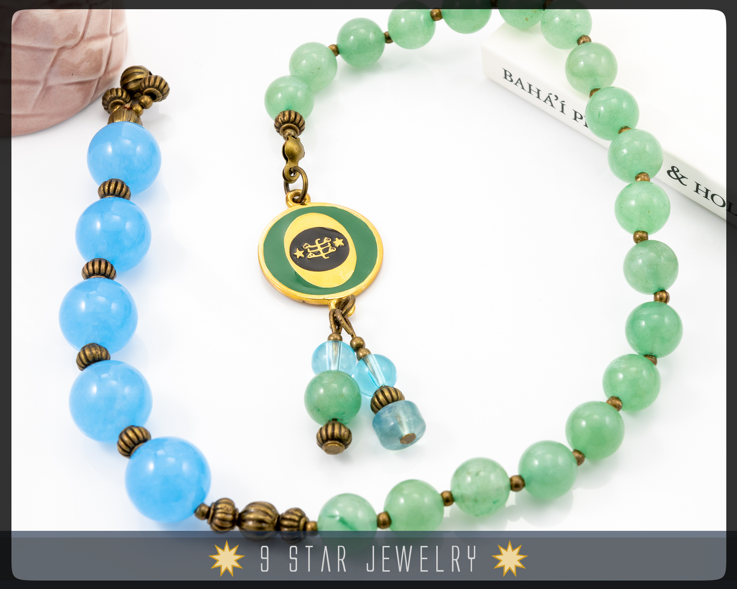 Blue Jade and Green Aventurine Baha'i Prayer Beads w/bahai ringstone symbol "Felicia"