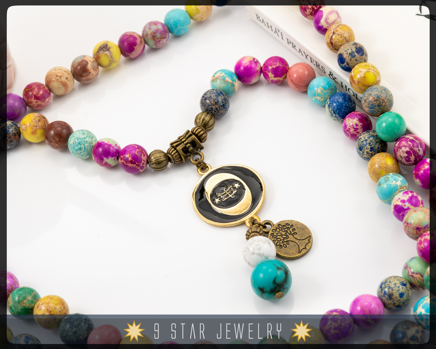 Multicolor Sea Sediment Jasper Baha'i Prayer Beads w/bahai ringstone symbol "Flowers of one garden"