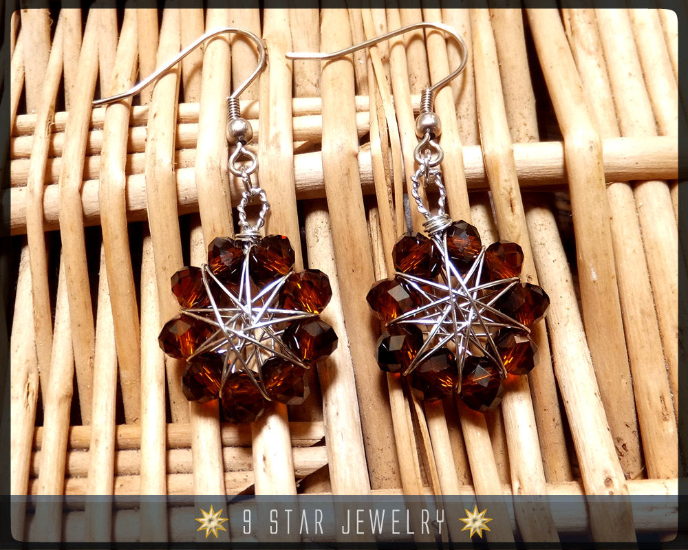 Amber Brown crystal Radiant Star - Baha'i 9 Star Wire-wrapped Dangle Earrings
