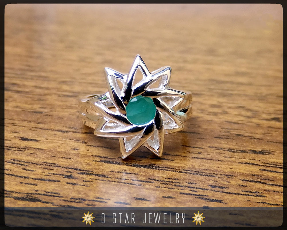 Emerald - Sterling Silver 9 Star Baha'i Ring with genuine gemstone - (Limited Edition - Last Piece) Size 6.75 US