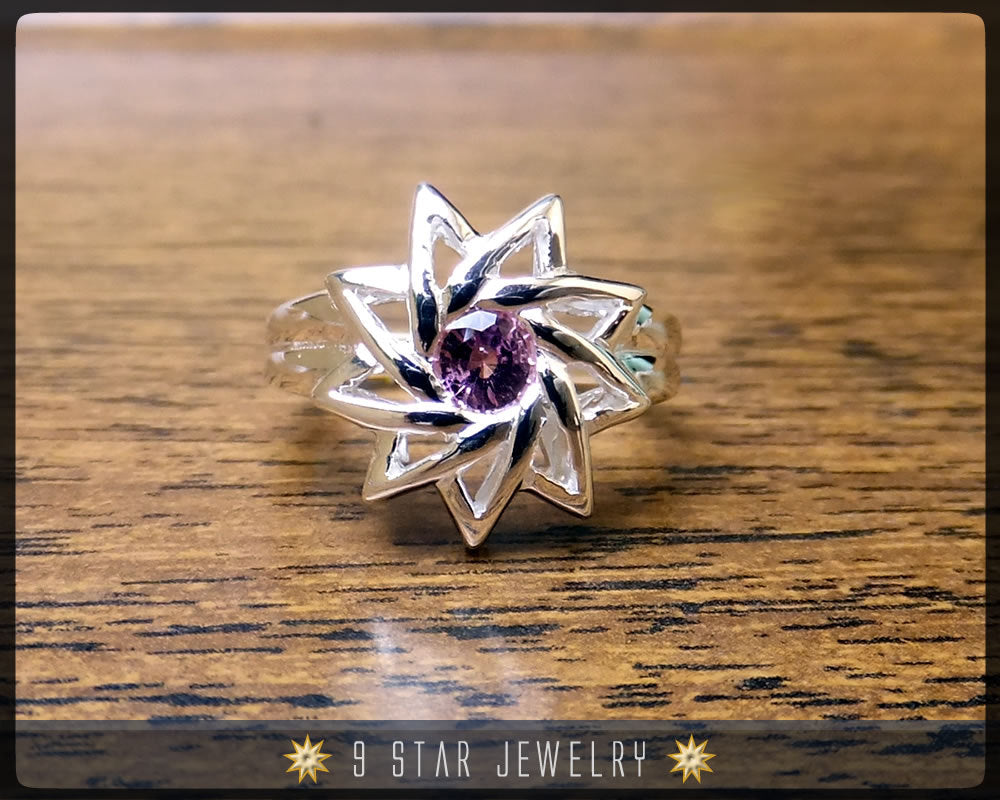 Pink Sapphire - Sterling Silver 9 Star Baha'i Ring with genuine gemstone - (Limited Edition)