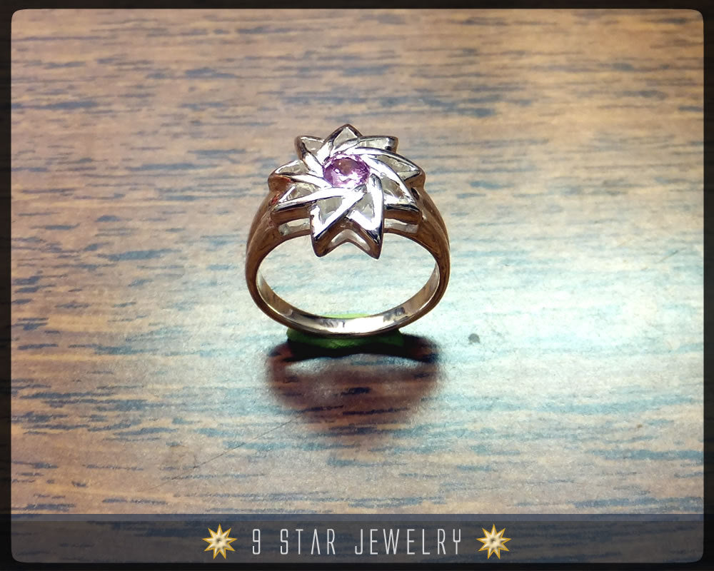 Pink Sapphire - Sterling Silver 9 Star Baha'i Ring with genuine gemstone - (Limited Edition)