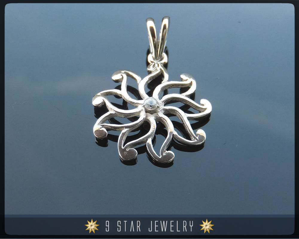 9 Star Flower Silver Baha'i Pendant with White Sapphire. bahai - BPS 24W