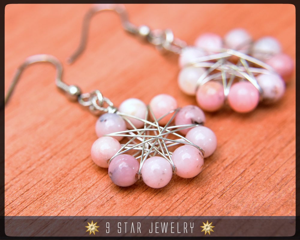 Natural Pink Opal Radiant Star Earrings - Baha'i 9 Star Wire-wrapped