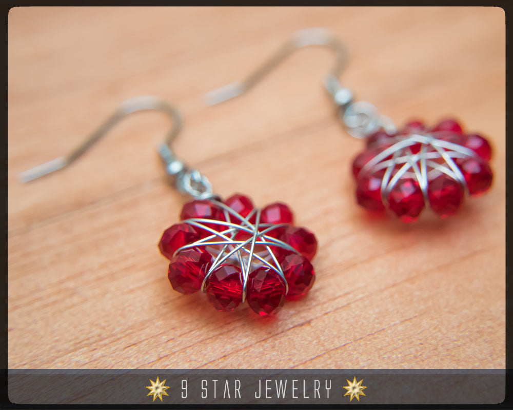 Radiant Star - Baha'i 9 Star Crystal Wire-wrapped Earrings - Red Glass Crystal