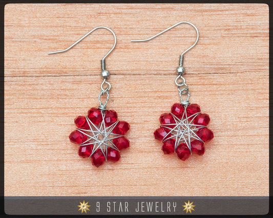 Radiant Star - Baha'i 9 Star Crystal Wire-wrapped Earrings - Red Glass Crystal