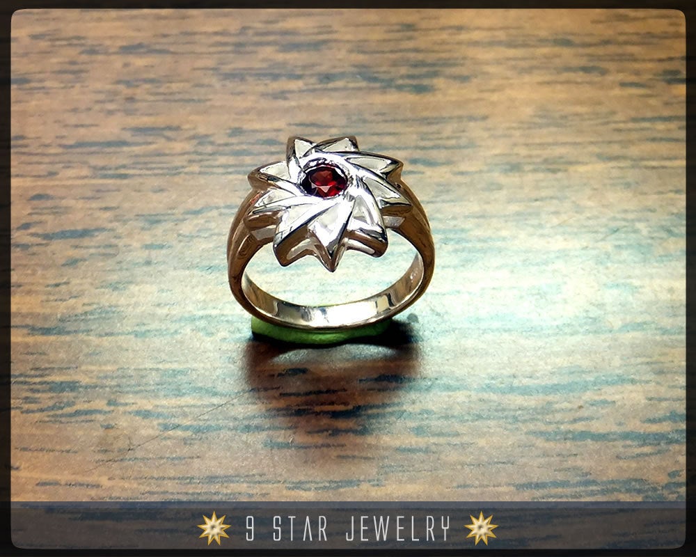 Garnet - Sterling Silver 9 Star Baha'i Ring with genuine gemstone - Size 6, 8 & 9 - (Limited Edition)