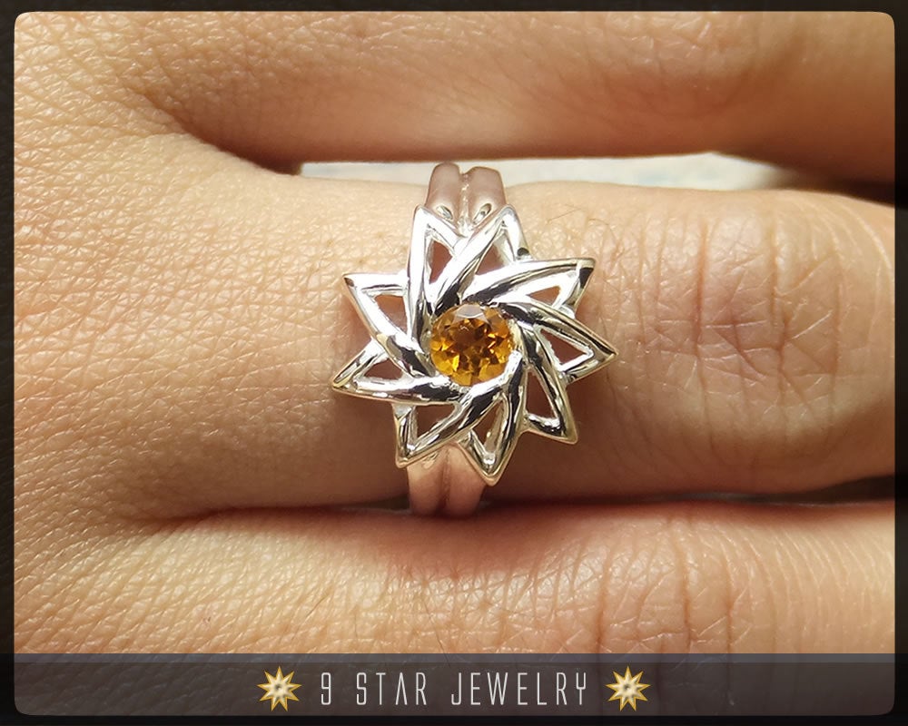Citrine - Sterling Silver 9 Star Baha'i Ring with genuine gemstone - (Limited Edition)
