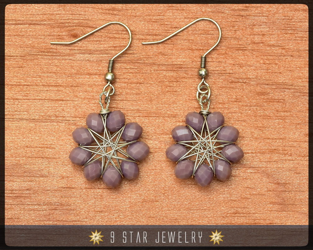 Radiant Star - Baha'i 9 Star Crystal Wire-wrapped Dangle Earrings - Purple Grey