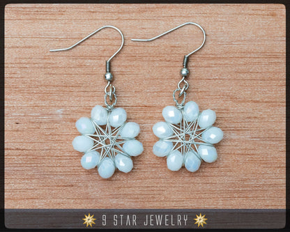 Radiant Star - Baha'i 9 Star Crystal Wire-wrapped Earrings -Pearl White Crystal