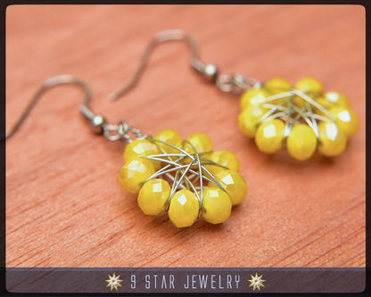 Radiant Star - Baha'i 9 Star Crystal Wire-wrapped Earrings -Golden Yellow Glass Crystal