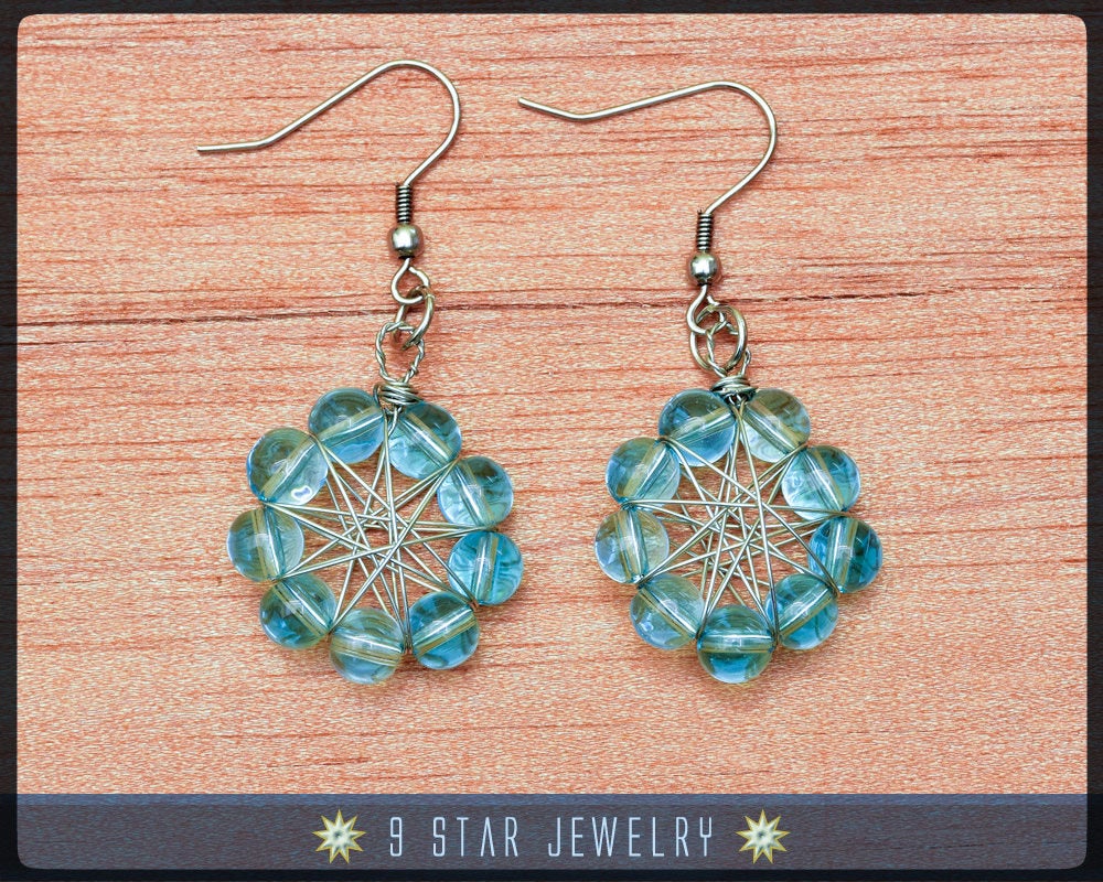 Natural Blue Quartz Radiant Star Earrings - Baha'i 9 Star Wire-wrapped Earrings