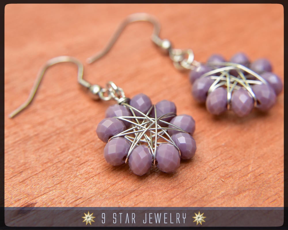Radiant Star - Baha'i 9 Star Crystal Wire-wrapped Dangle Earrings - Purple Grey