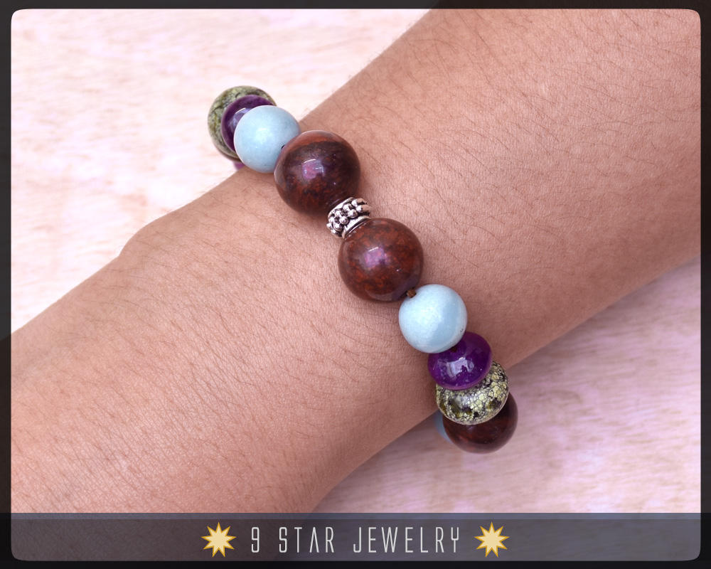 Améthyste, Héliotrope mélangées à 19 Pierres précieuses uniques - Bracelet Chapelet Baha'i "L'Esprit Divin"