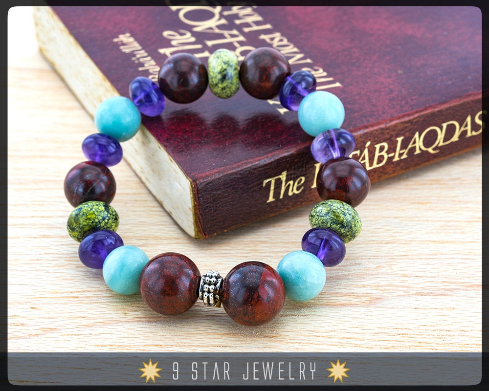 Améthyste, Héliotrope mélangées à 19 Pierres précieuses uniques - Bracelet Chapelet Baha'i "L'Esprit Divin"