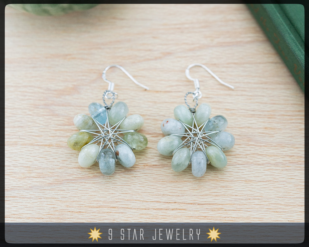 Natural Aquamarine Radiant Star Earrings w/ 925 Sterling Silver Hooks - Dangle Earrings - BRSE35