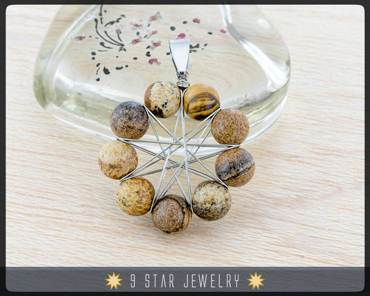Picture Jasper "Radiant Star" Baha'i 9 Star wire wrapped Pendant
