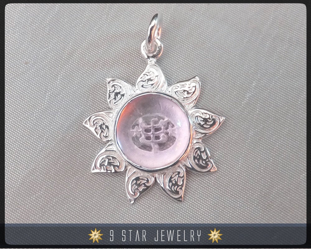 Tournesol - Pendentif Bahaï à 9 étoiles en argent sterling avec saphir rose simulé