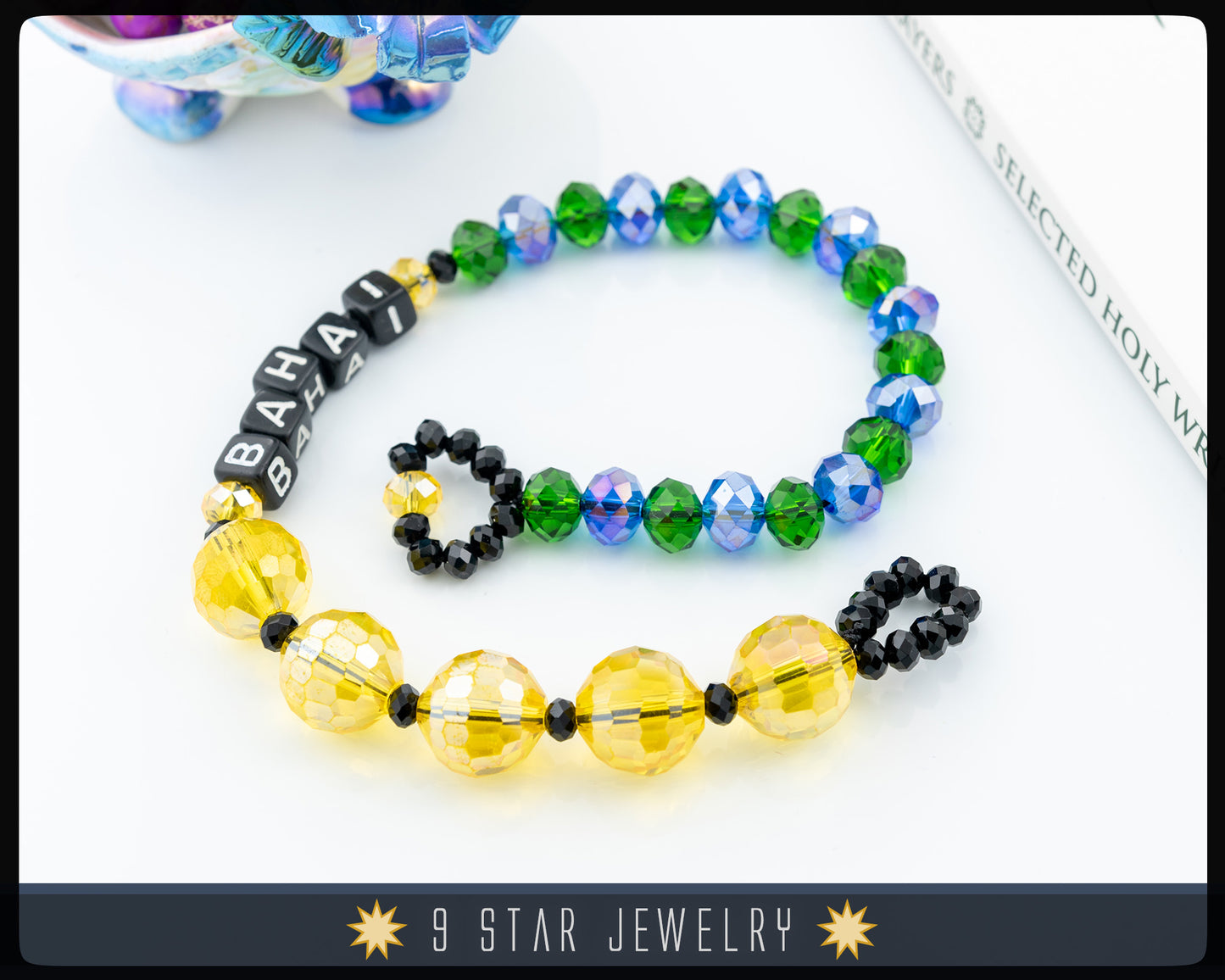 Yellow Blue and Green glass Beads with Letters "Baha'i" Prayer Beads "Glory"