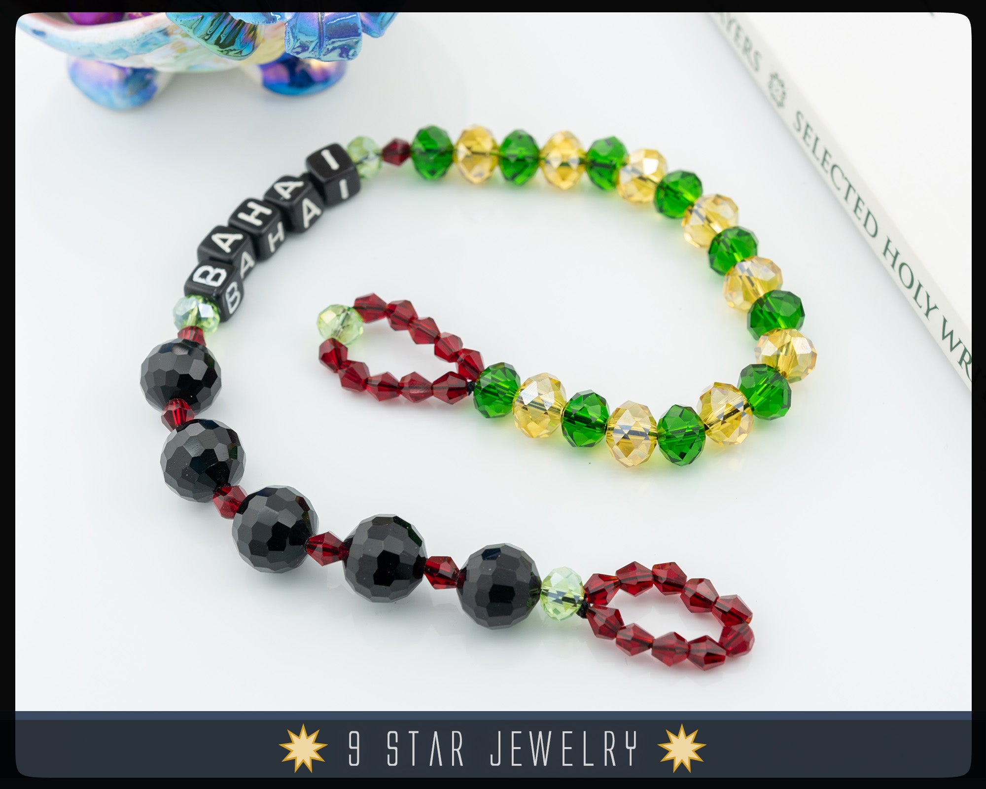 Black Green and Yellow Glass Beads with Letters Baha'i Prayer Beads – 9  Star Jewelry