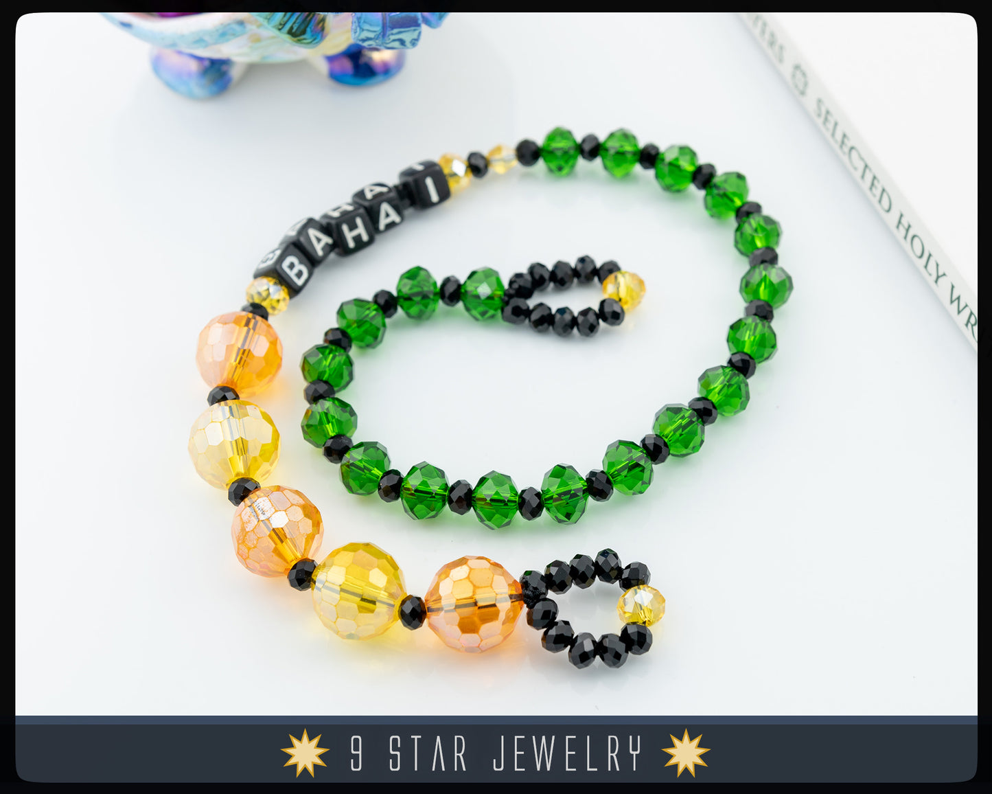 Orange Yellow and Green Glass Beads with Letters "Baha'i" Prayer Beads "Grandeur"