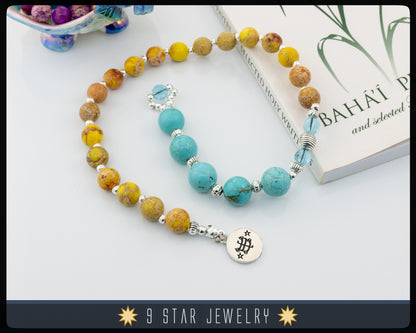 Blue Turquoise and Yellow Sea sediment Baha'i Prayer Beads with Tree of life 925 sterling silver Baha'i ringstone symbol "Mercy"
