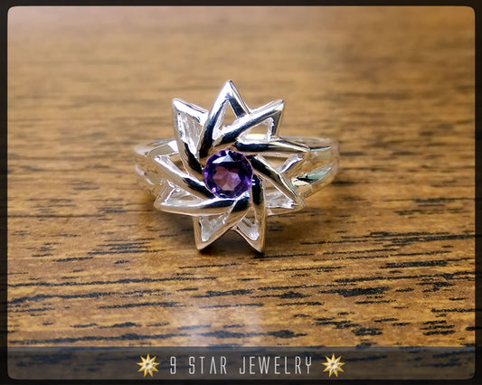 Amethyst - Sterling Silver 9 Star Baha'i Ring with genuine gemstone - (Limited Edition)