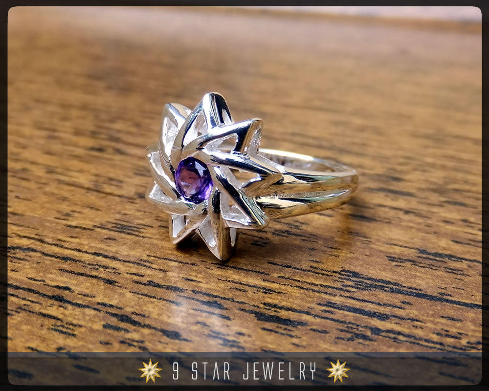 Amethyst - Sterling Silver 9 Star Baha'i Ring with genuine gemstone - (Limited Edition)