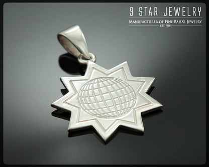 Pendentif Baha'i « Globe » 9 étoiles en argent sterling 925