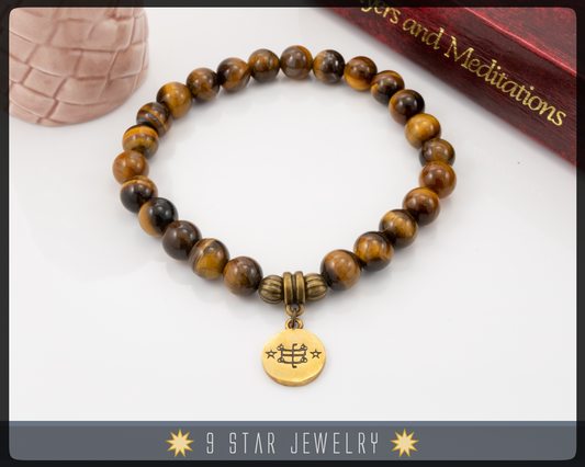 Tiger's Eye Bracelet with Baha'i ringstone symbol "Precious Fellowship"