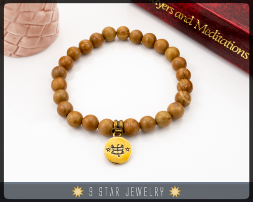 Wood Stone Bracelet with Baha'i ringstone symbol 