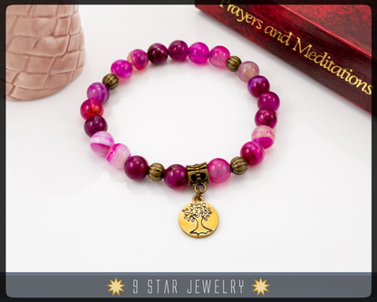 Pink stripes Agate Bracelet with Baha'i ringstone symbol "Meja"