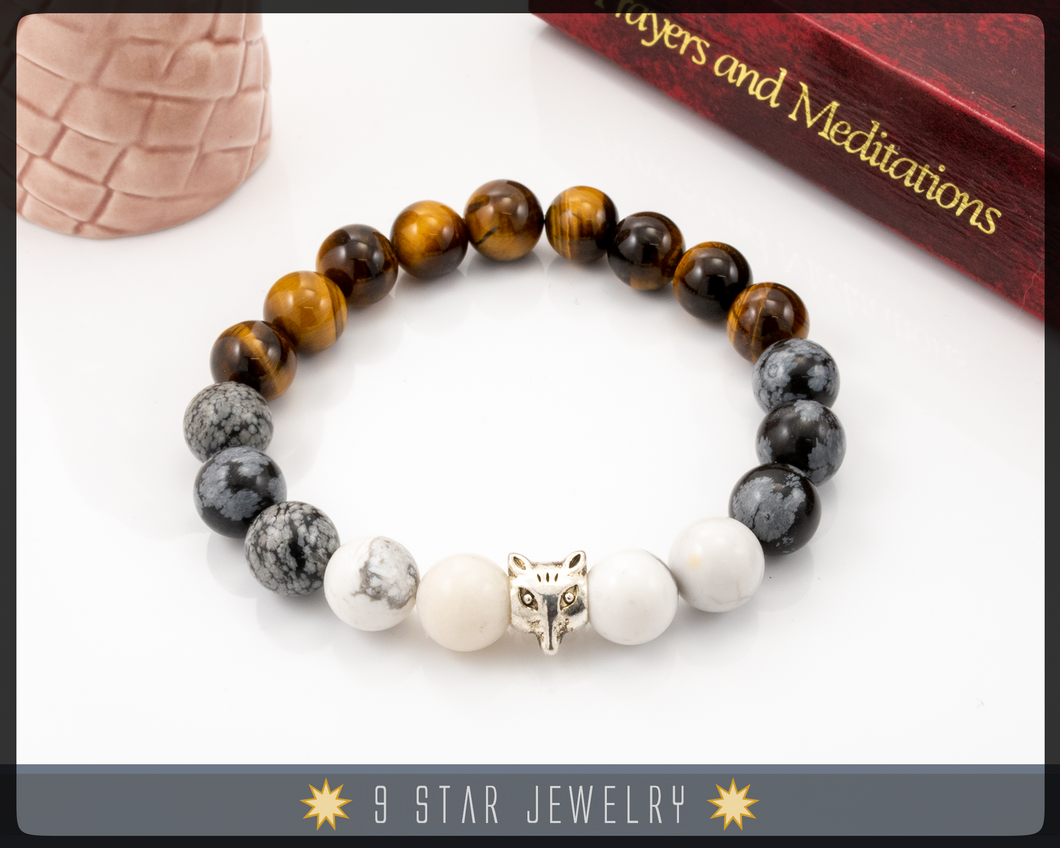 Tiger's Eye, Snowflake Obsidian & Howlite Baha'i Prayer Beads Bracelet 