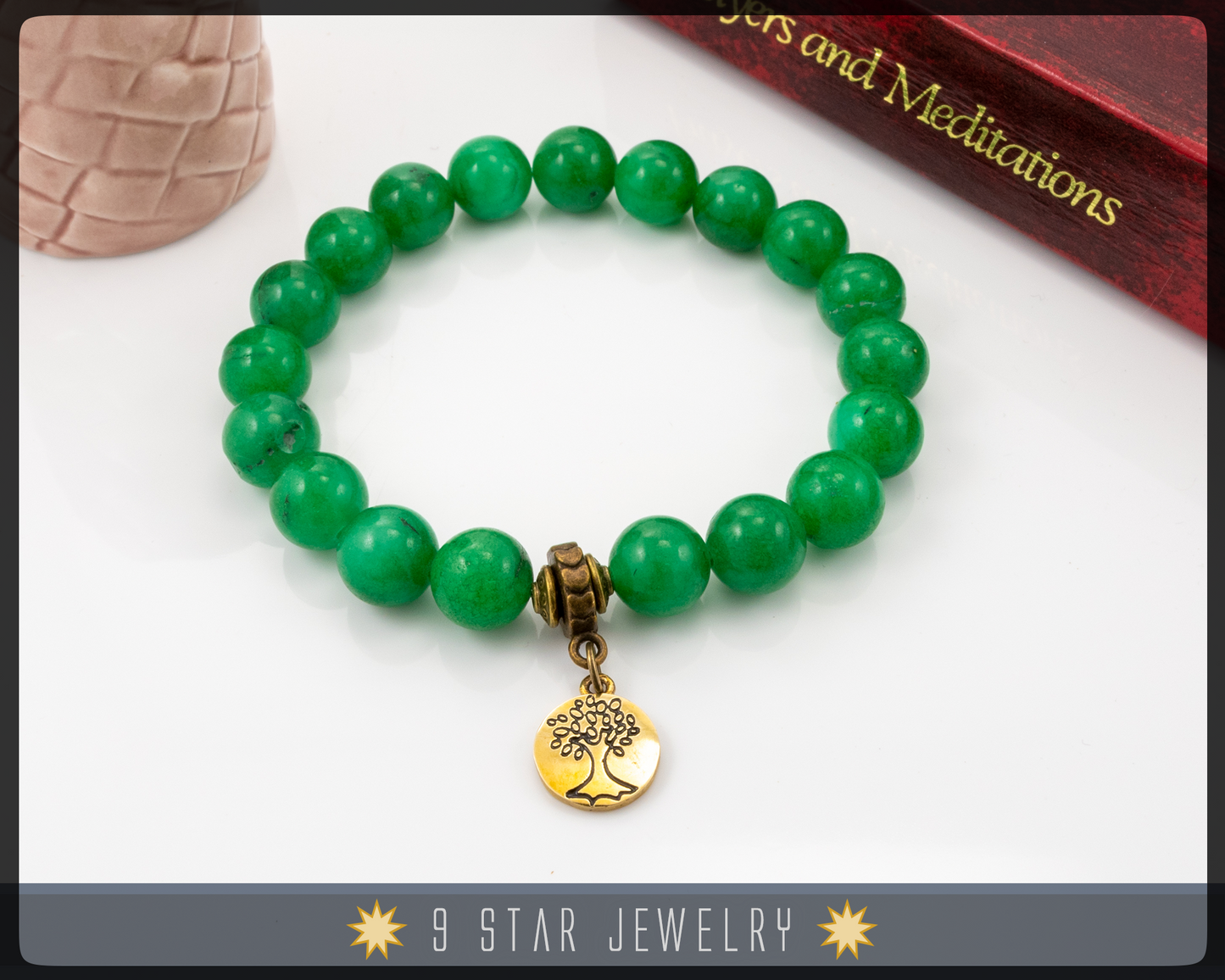 Jade Baha'i prayer beads bracelet w/ baha'i ringstone symbol "Joyous"