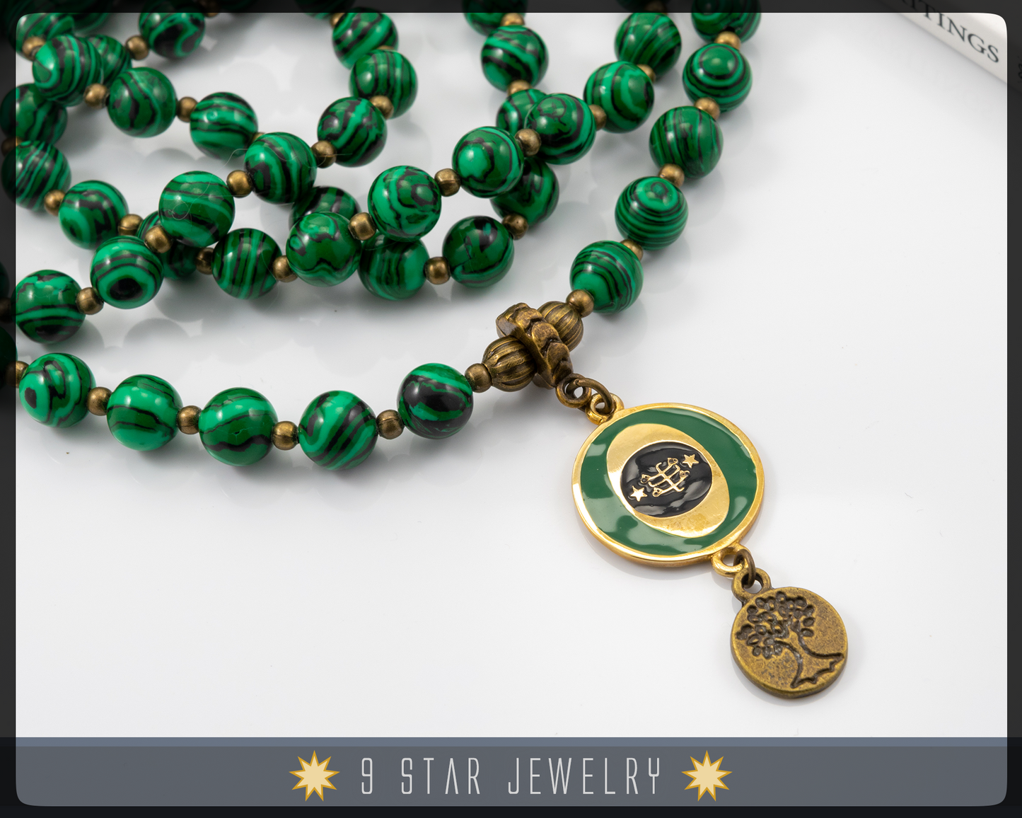Malachite Baha'i Prayer Beads w/bahai ringstone symbol "Freda"