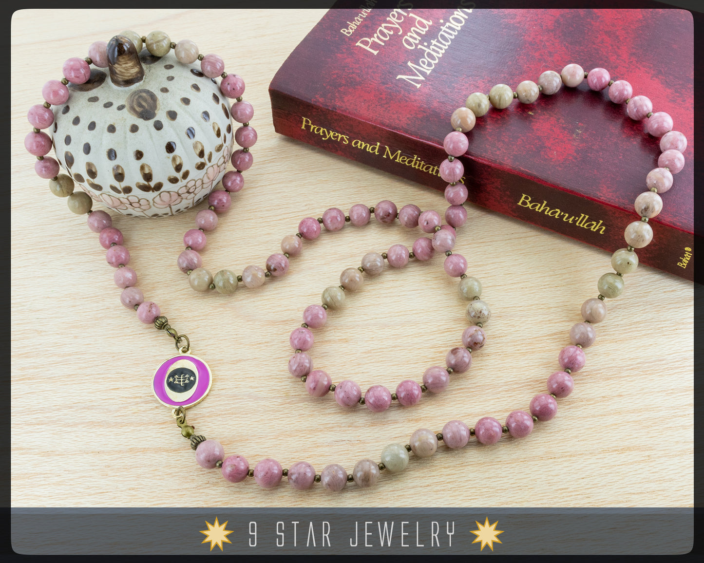 Rodochrosite Baha'i Prayer Beads w/bahai ringstone symbol "Rose of Love"