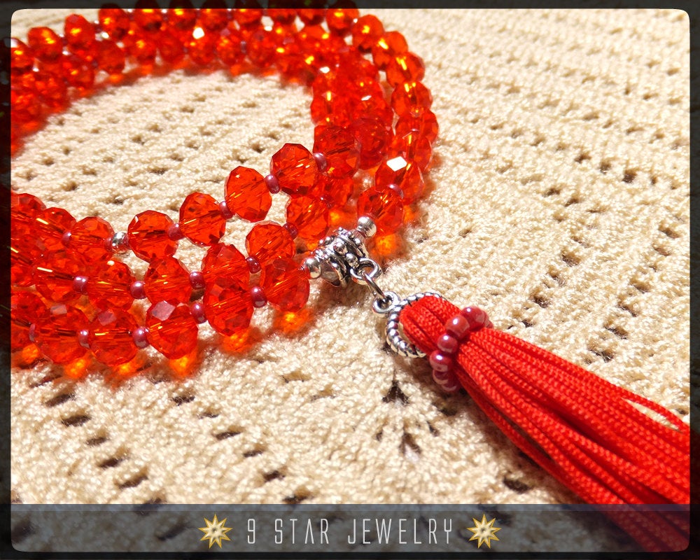Crimson Crystal Tassel Prayer Beads Necklace - Baha'i Prayer Beads Full 95 (Alláh-u-Abhá) "Lush"
