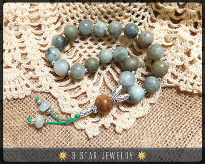 Moss Agate & Aquamarine on green nylon knot - Baha'i Prayer Beads -"Terrene"