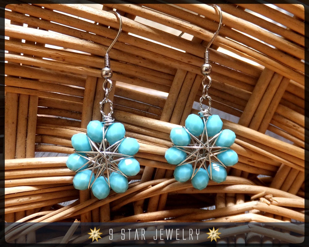 Radiant Star - Baha'i 9 Star Crystal Wire-wrapped Dangle Earrings -Arctic Blue