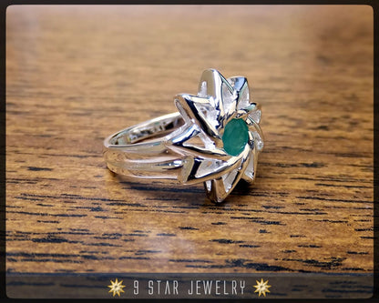 Emerald - Sterling Silver 9 Star Baha'i Ring with genuine gemstone - (Limited Edition - Last Piece) Size 6.75 US