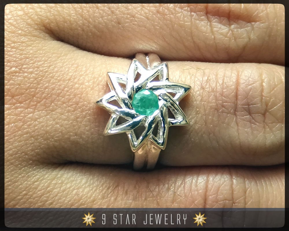 Emerald - Sterling Silver 9 Star Baha'i Ring with genuine gemstone - (Limited Edition - Last Piece) Size 6.75 US