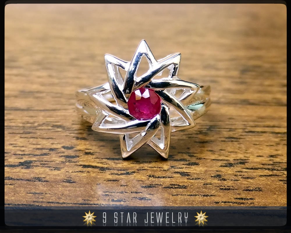 Ruby - Sterling Silver 9 Star Baha'i Ring with genuine gemstone - (Limited Edition)