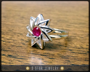 Ruby - Sterling Silver 9 Star Baha'i Ring with genuine gemstone - (Limited Edition) - BRS6R