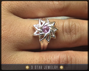 Pink Sapphire - Sterling Silver 9 Star Baha'i Ring with genuine gemstone - (Limited Edition) - BRS6PS