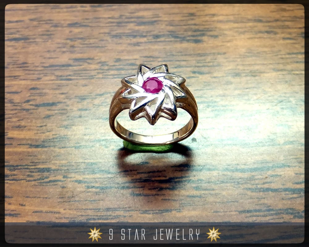 Ruby - Sterling Silver 9 Star Baha'i Ring with genuine gemstone - (Limited Edition)
