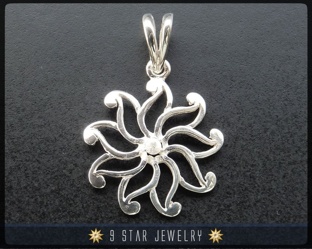 9 Star Flower Silver Baha'i Pendant with White Sapphire. bahai - BPS 24W