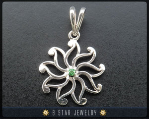 9 Star Flower Sterling Silver Baha'i Pendant with Genuine High Quality Green Tsavorite. bahai - BPS 24T