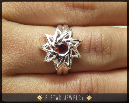 Garnet - Sterling Silver 9 Star Baha'i Ring with genuine gemstone - Size 6, 8 & 9 - (Limited Edition)