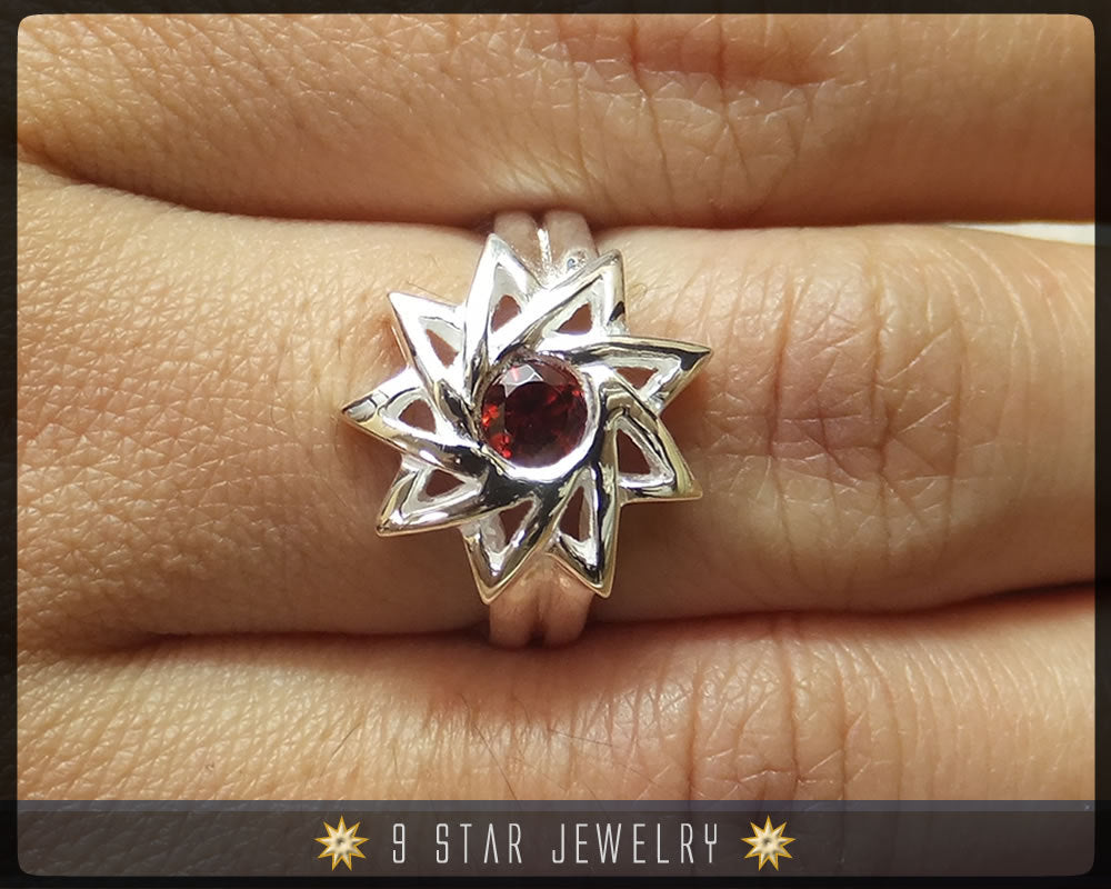 Garnet - Sterling Silver 9 Star Baha'i Ring with genuine gemstone - Size 6, 8 & 9 - (Limited Edition) - BRS6G